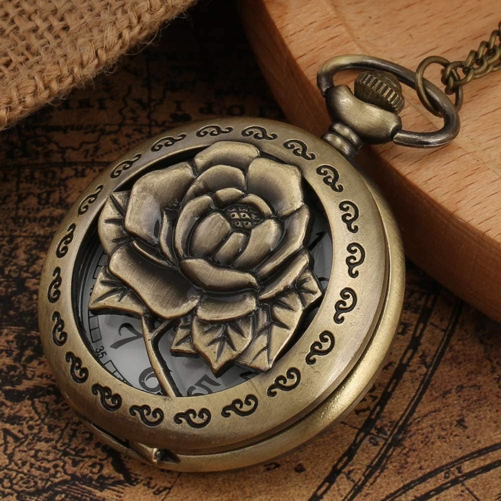 Rose Pocket Watch NEW Flower Gift Romantic Love Men Woman Wife Husband Necklace